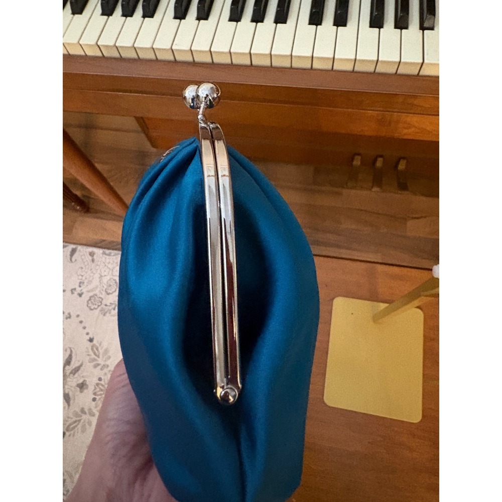 Coach Wristlet Bag Womens Satin Clutch Teal Blue Kiss Lock Vintage Evening Glam - Picture 4 of 10